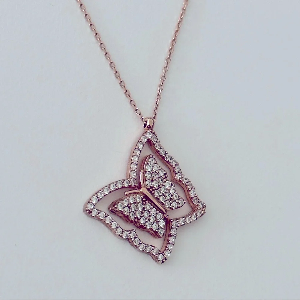 🦋Reversible spinning butterfly 925 silver necklace 14k rose gold plated
